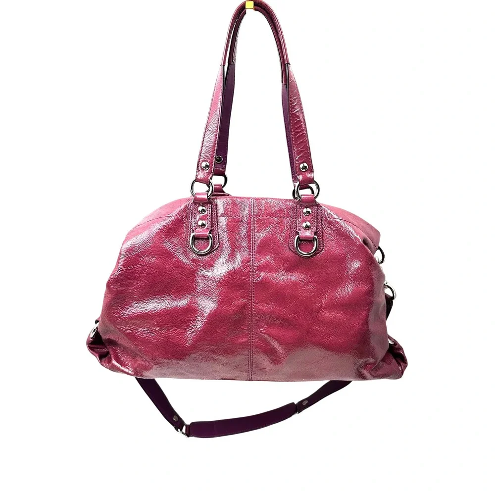 Coach Ashley Magenta Crimson Patent Leather Pleated Satchel Shoulder Bag F15455